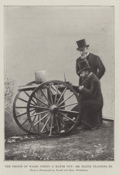 Prinsen av Wales avfyrer en Maxim Gun, Mr Maxim står ved siden av (gravering) av English School