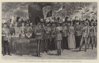 Prinsen av Wales overrekker jubileumsmedaljene til de indiske og koloniale troppene ved Buckingham Palace (litho) av English School