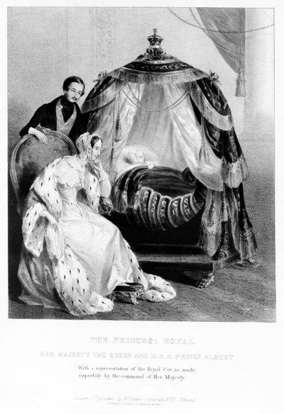 The Princess Royal, Hennes Majestet Dronningen og HKH Prins Albert, med den kongelige sengen, ca. 1840 av English School