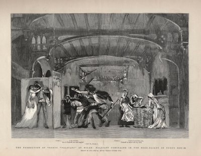 Produksjonen av Giuseppe Verdis "" Falstaff"" i Milano, Falstaff skjult i Buck-Basket i Fords hus. Illustrasjon for The Graphic av English School