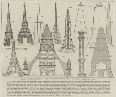 The Proposed Tower for London, noen av designene som nå vises i Hall of the Drapers