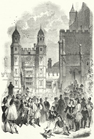 Quadrangle of Eton College om morgenen Montem (gravering) av English School