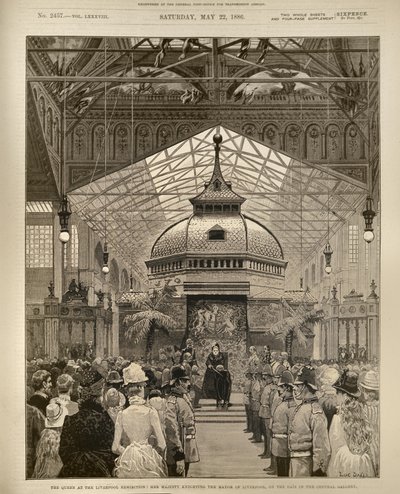 The Queen at the Liverpool Exhibition: Her Majesty Knighting the Mayor of Liverpool on the Dais in the Central Gallery, fra The Illustrated London News, 22. mai 1886 av English School