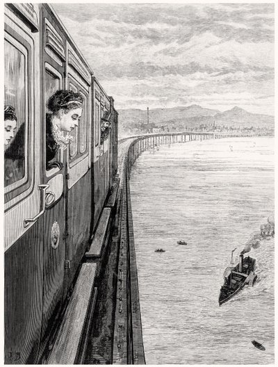 Dronningens retur fra høylandet; Hennes Majestet krysser Tay Bridge, Dundee av English School