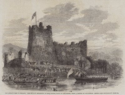 Dronningens besøk til Irland, Hennes Majestet går om bord på Ross Castle, Lakes of Killarney (gravering) av English School