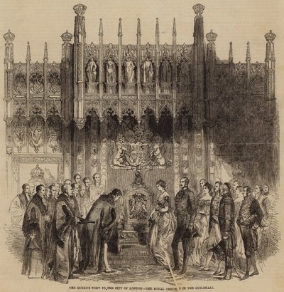 Dronningens besøk til City of London, den kongelige tronen i Guildhall (gravering) av English School
