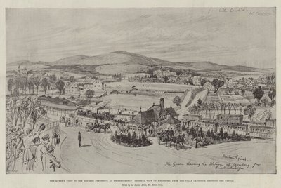 Dronningens besøk til keiserinne Frederick på Friedrichshof, generell utsikt over Kronberg, fra Villa Candidus, som viser slottet (gravering) av English School