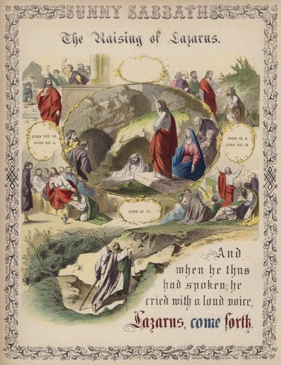 The Raising of Lazarus (farget gravering) av English School