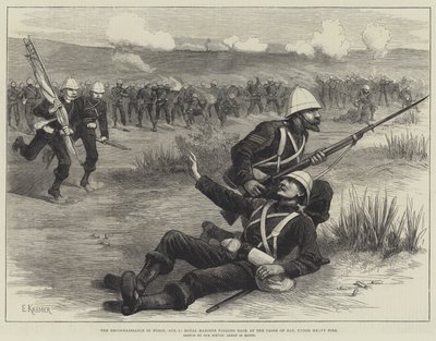 The Reconnaissance in Force, 5. august, Royal Marines faller tilbake ved dagens slutt, under kraftig brann (gravering) av English School