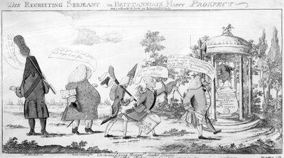 The Recruiting Sergeant eller Britannias Happy Prospect, trykk laget av George Townshend, 1757 av English School
