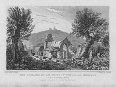 Restene av et gammelt kapell eller nonnekloster i West Hythe, Kent (gravering) av English School