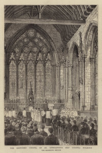 Det restaurerte kapellet i St Etheldreda (Ely Chapel) Holborn (gravering) av English School