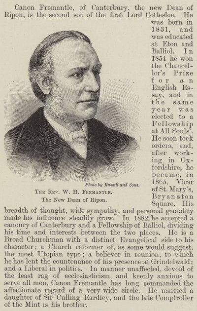 Pastor W H Fremantle, den nye dekanen av Ripon (gravering) av English School
