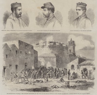 Revolusjonen på Sicilia, den engelske bataljonen ved foten av det runde tårnet på citadellet i Melazzo (gravering) av English School