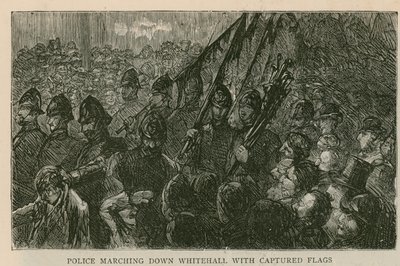 The Riot in Trafalgar Square: Politiet marsjerer nedover Whitehall med fangede flagg av English School