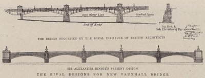 De rivaliserende designene for New Vauxhall Bridge (gravering) av English School