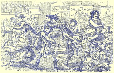 The Romans Walking off with the Sabine Women, illustrasjon fra The Comic History of Rome av Gilbert Abbott a Beckett, utgitt ca. 1850 (digitalt forbedret bilde) av English School