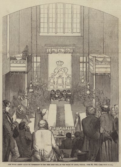 Den kongelige samtykke gitt av kommisjonen til New Corn Bill, i House of Lords, fredag 26. juni 1846 (gravering) av English School