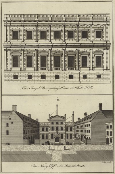 The Royal Banqueting House i Whitehall og Navy Office i Broad Street, London av English School