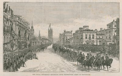 Den kongelige prosesjonen returnerer fra Westminster Abbey opp Whitehall av English School