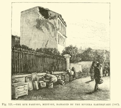 Rue Partono, Mentone, skadet av jordskjelvet på Riviera, 1887 av English School