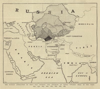 Den russiske annekteringen av Merv, kart som viser Russlands fremskritt mot India i årene 1734, 1836, 1863, 1867, 1874, 1876, 1881, 1884 av English School