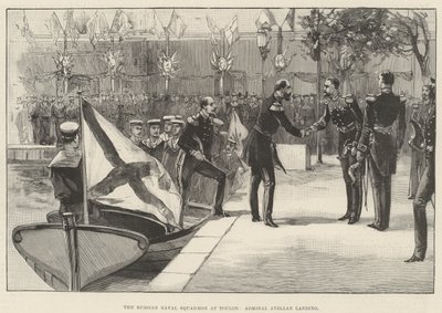 Den russiske marineskvadronen ved Toulon, admiral Avellan lander (gravering) av English School