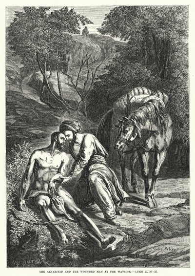 Samaritanen og den sårede mannen ved veikanten, Luke X, 30-35 (gravering) av English School