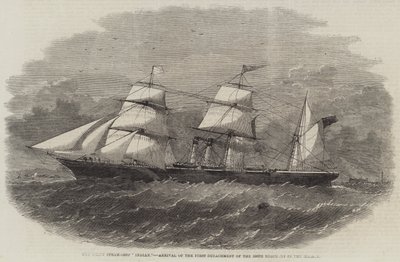 The Screw Steam-Ship "Indian," Ankomst av den første avdelingen av det 100. regimentet i Mersey (gravering) av English School