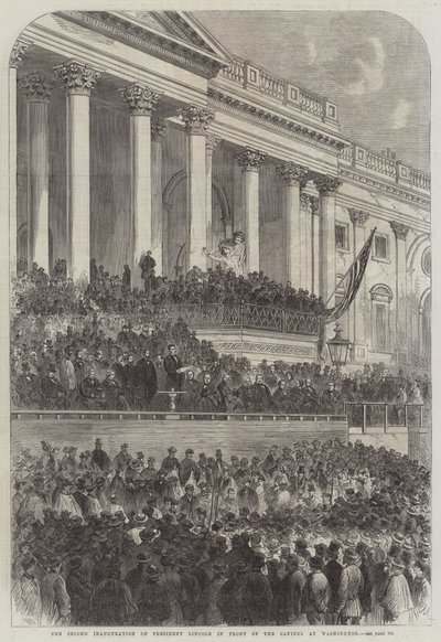 Den andre innsettelsen av president Lincoln foran Capitol i Washington (gravering) av English School