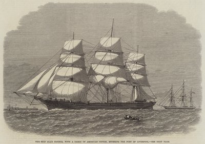 The Ship Glad Tidings, med en last av amerikansk bomull, kommer inn i Liverpools havn (gravering) av English School