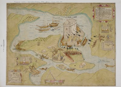 Beleiringen av Eniskillen Castle (penn og blekk med vask på papir) av English School