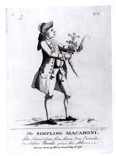 The Simple Macaroni, pub. av N. Darly, 13. juli 1772 (gravering) (bw-foto) av English School
