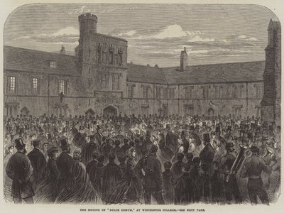Sang av "Dulce Domum," ved Winchester College (gravering) av English School