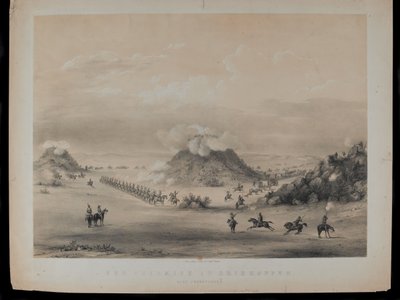 Tredningen ved Driekoppen, nær Zwaartkopjes, 1845, gravert av Paul Gauci (1834-66), utgitt ca. 1845 av English School