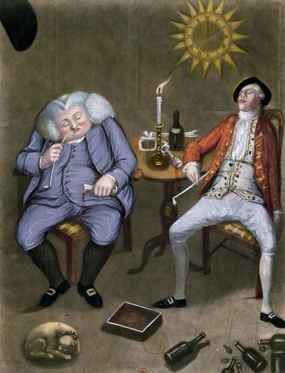 The Solid Enjoyment of Bottle and Friend, 1774 (fargelitho forsterket med gouache) av English School