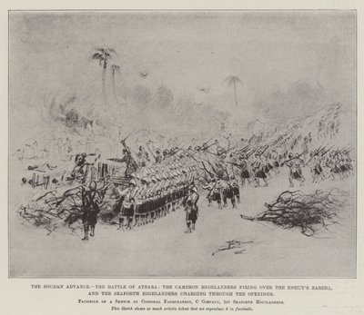 Soudan Advance, slaget ved Atbara, Cameron Highlanders som skyter over fiendens Zareba, og Seaforth Highlanders som stormer gjennom åpningene (litho) av English School