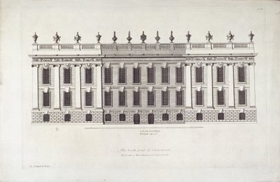 'The South Front of Chatsworth', illustrasjon fra 'Vitruvius Britannicus or The British Architect' av Colen Campbell (gravering) av English School