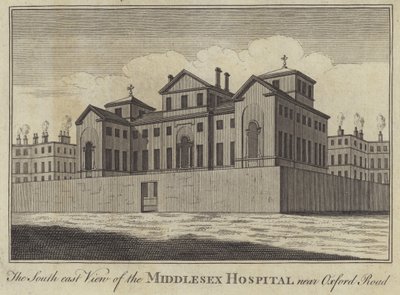 Den sørøstlige utsikten over Middlesex Hospital nær Oxford Road, London (gravering) av English School