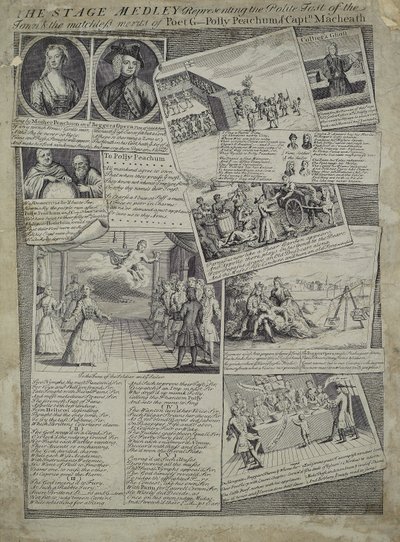Scenemedleyen som representerer byens høflige smak og de makeløse fordelene til poeten G., Polly Peachum og Captain Macheath, ca. 1728 av English School