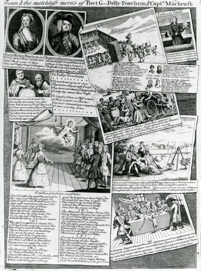 Scenemedleyen som representerer byens høflige smak og de makeløse fordelene til poeten G., Polly Peachum og Captain Macheath, ca. 1728 av English School