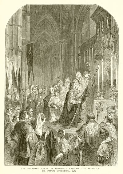 Standarden tatt ved Bosworth lagt på alteret til St. Pauls Cathedral, 1485 av English School