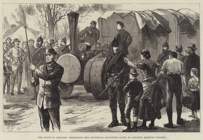 Staten i Irland, nødhjelpsmenn som formidler boikottet gods til Thurles jernbanestasjon (gravering) av English School