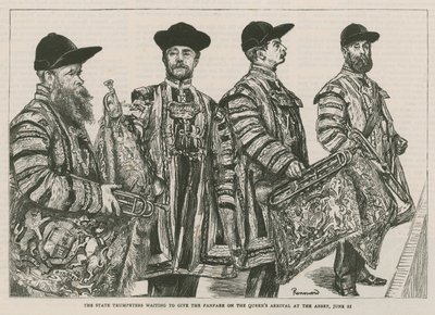 Statens trompetister venter på å gi fanfaren ved Queens ankomst til Abbey av English School