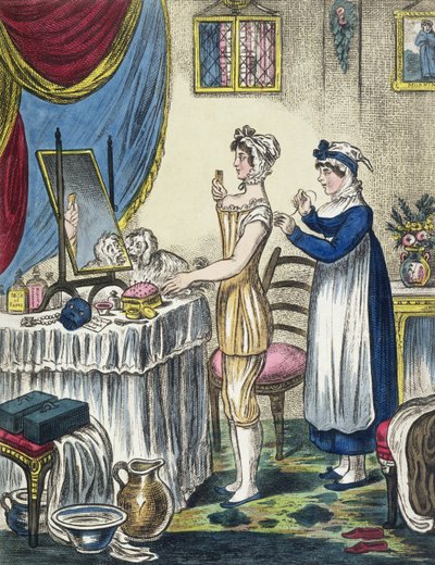 The Stays, plate 1 fra The Progress of the Toilet, ca. 1810 av English School