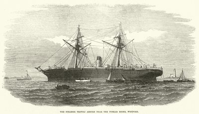 Steamer Tripoli Ashore nær Tuskar Rocks, Wexford (gravering) av English School