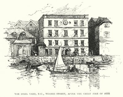 The Steel Yard, etc, Thames Street, etter den store brannen i 1666 (gravering) av English School