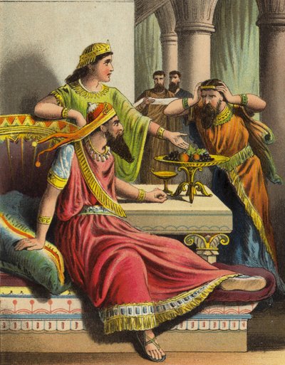 Historien om dronning Esther: Esther anklager Haman (farge litho) av English School