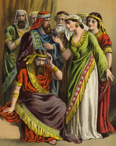 Historien om dronning Ester: Haman legger sin klage til sin kone Zeresh og alle vennene hans (farge litho) av English School