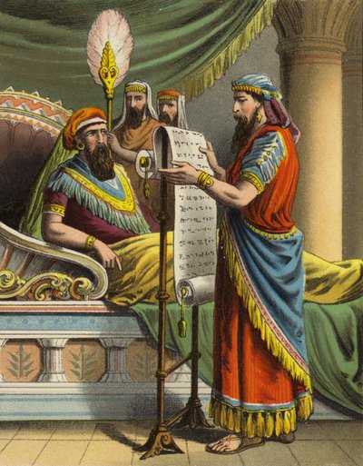 Historien om dronning Ester: Kong Ahasverus hører om Mordekai i opptegnelsesboken (farge litho) av English School